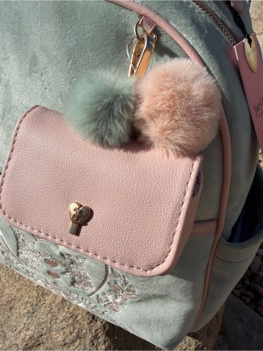 Juicy Couture Mint Green Velvet Backpack with Pink Trim & Pom Pouch